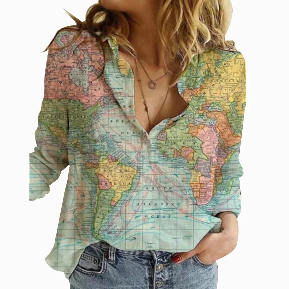 Uveng Map Straight Type Printed Long-sleeved Women's Shirt