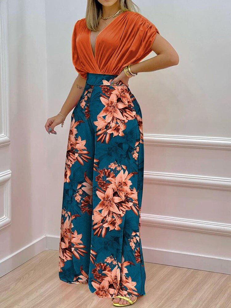 Women Fashion Loose Two Piece Sets Elegant Chic V-neck Blouses And Floral Printing Pants Suits Female Summer Casual Outfits