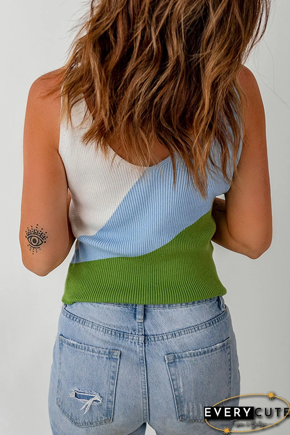 Sky Blue Ribbed Knit Color Block Sweater Vest