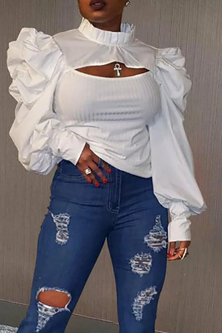 Xpluswear Plus Size White Daily Cut Out Puff Sleeve Blouses