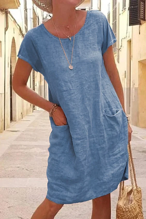 Summer Loose Solid Color Pocket Short Sleeve Round Neck Cotton Linen Dress Women's socialshop