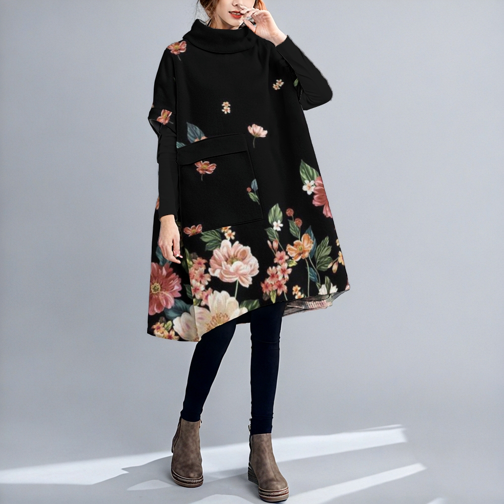 Abstract Printed Loose Turtleneck Pocket Patchwork Midi Dress