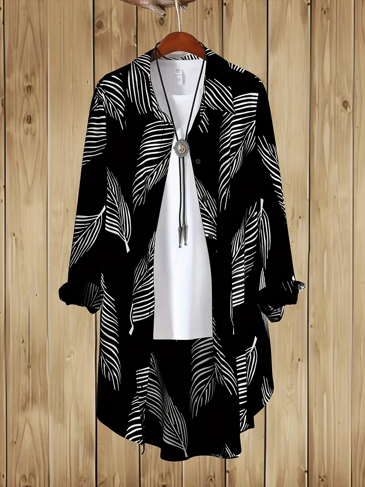 Plus Size - Women's Plus Size Elegant Leaf Print Button-Up Shirt With Asymmetrical Hem, Long Sleeves & Tassel Details - Polyester Fabric For Spring, Summer & Fall | Flowy Collar Blouse With Black & White Leaf Pattern, Casual Chic Top, Seasonal Fashion