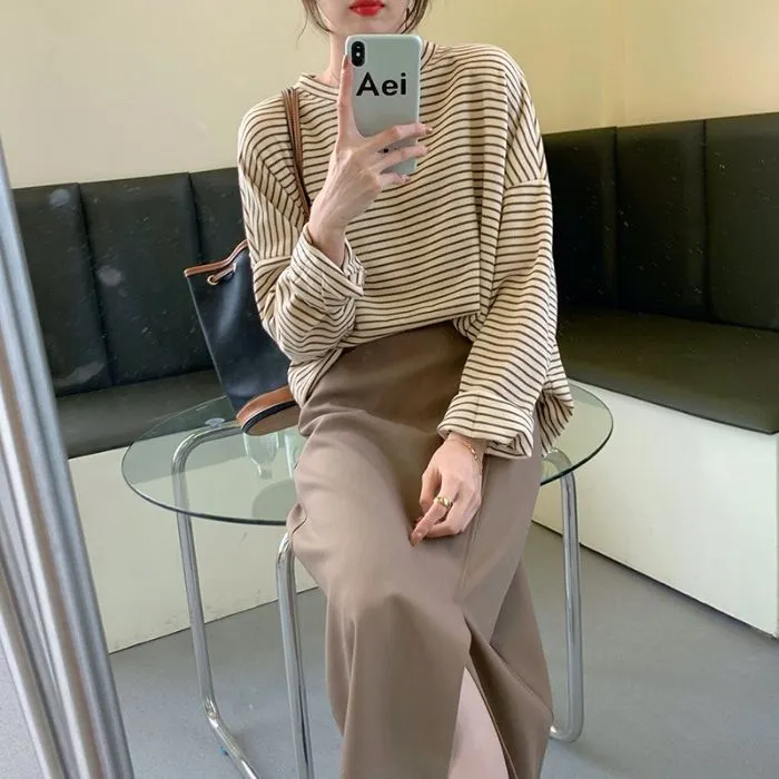 Brownm Brownm Undershirt With The 2024 Fall Women's Thin Loose New Round Collar Long-Sleeve T-Shirt