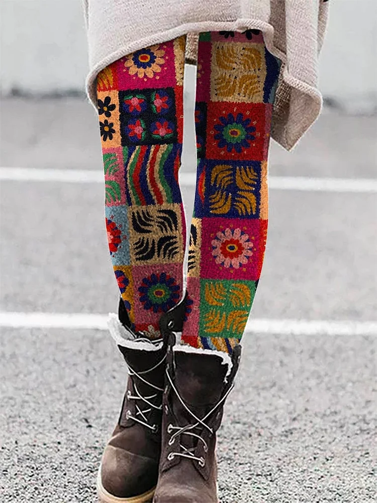 Women's Retro Geometric Print Brushed Knit Leggings
