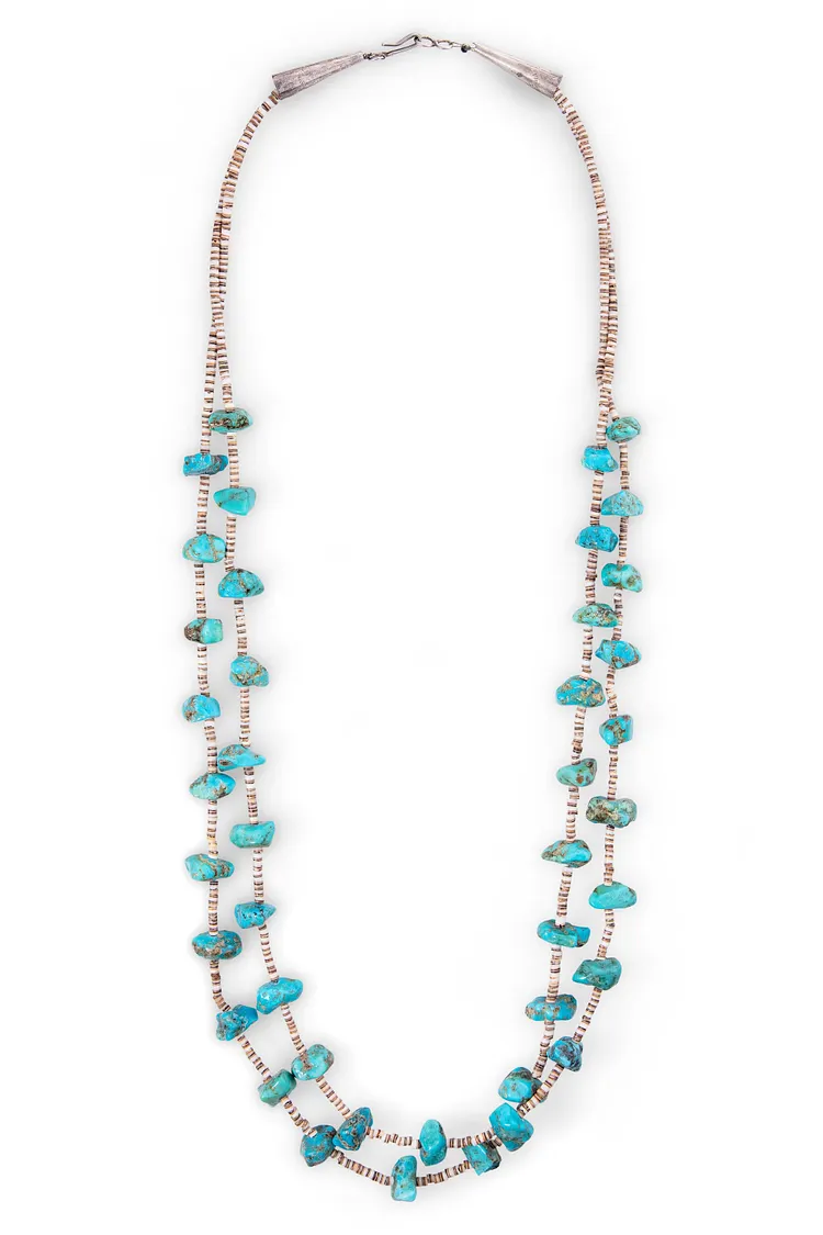 Necklace, Natural Stone, Nugget, Tab & Heishi, Turquoise, Double Strand, Vintage, '70's, 1158