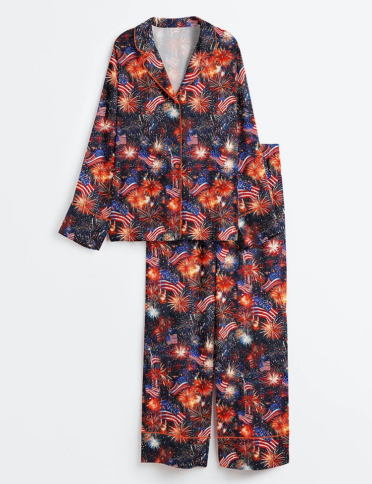 Women&rsquo;s Fourth Of July Fireworks Red White Blue USA Flag America Long Sleeve Satin Pajama Set