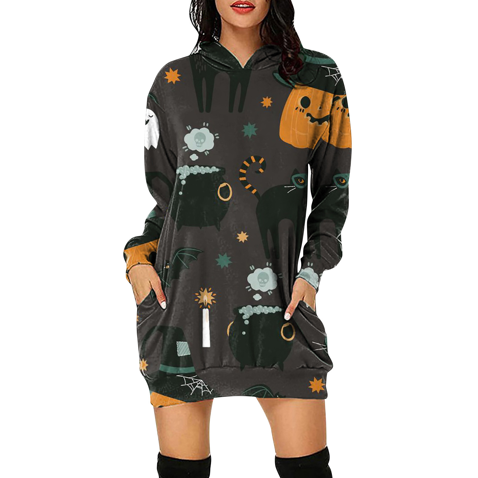 Fashion Women Loose Long Sleeve V Neck Halloween Print Casual Hoodies