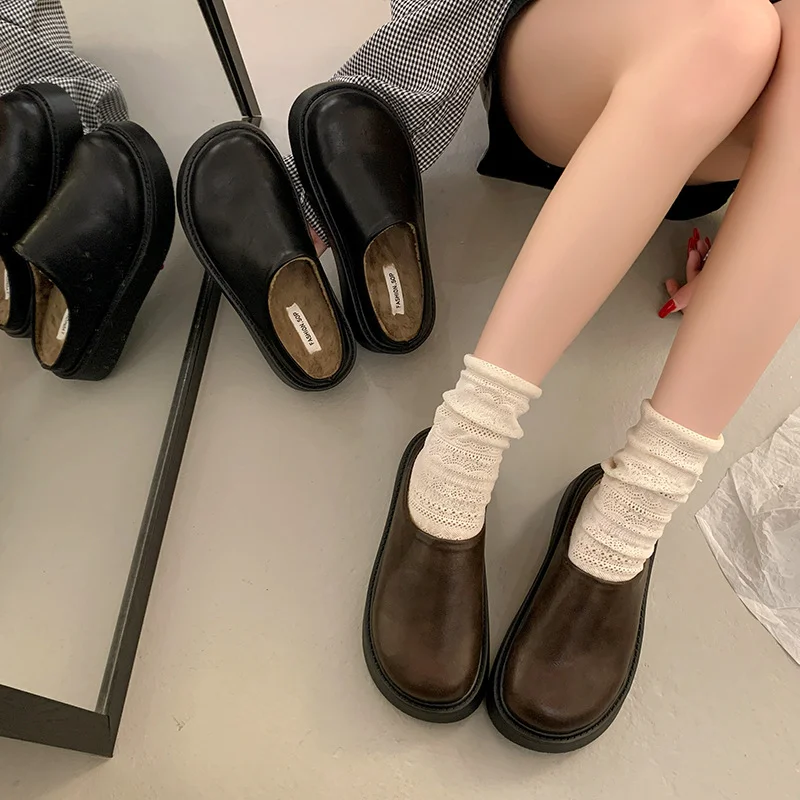Yyvonne Thick Bottom Plus Velvet Bag Head Half Slippers Women 2025 Autumn And Winter New Fashion One-Legged Lazy Bunken Shoes