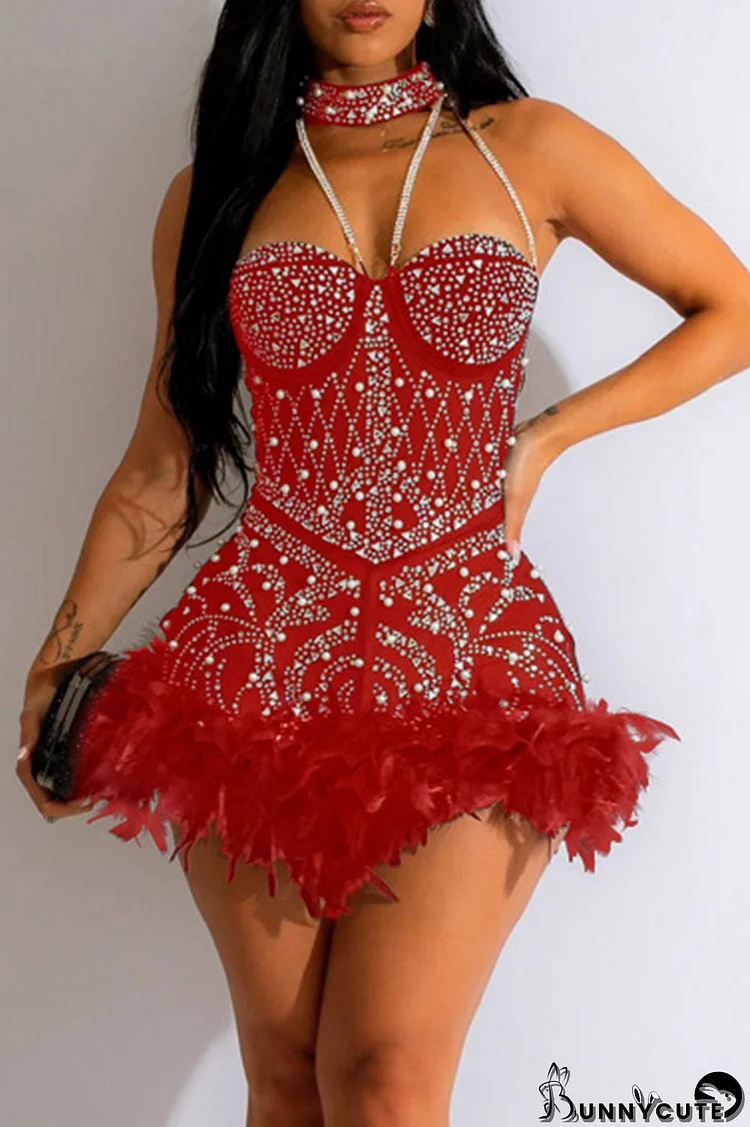 Red Sexy Patchwork Hot Drilling Feathers Backless Halter Skinny Romper