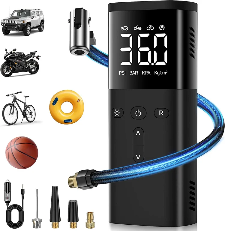 MEUCI Tire Inflator Portable Air Compressor, 150PSI Auto Air Pump for Car Tires, DC 12V Electric Tire Pump with LCD Digital Pressure Gauge & LED Light for Motorcycle, Bike, Ball, Car Accessories