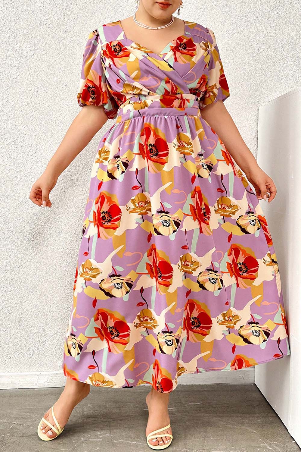 Plus Size Vacation Red Floral Print Wrap Puff Sleeve Tunic Maxi Dress 2024 - Flycurvy 