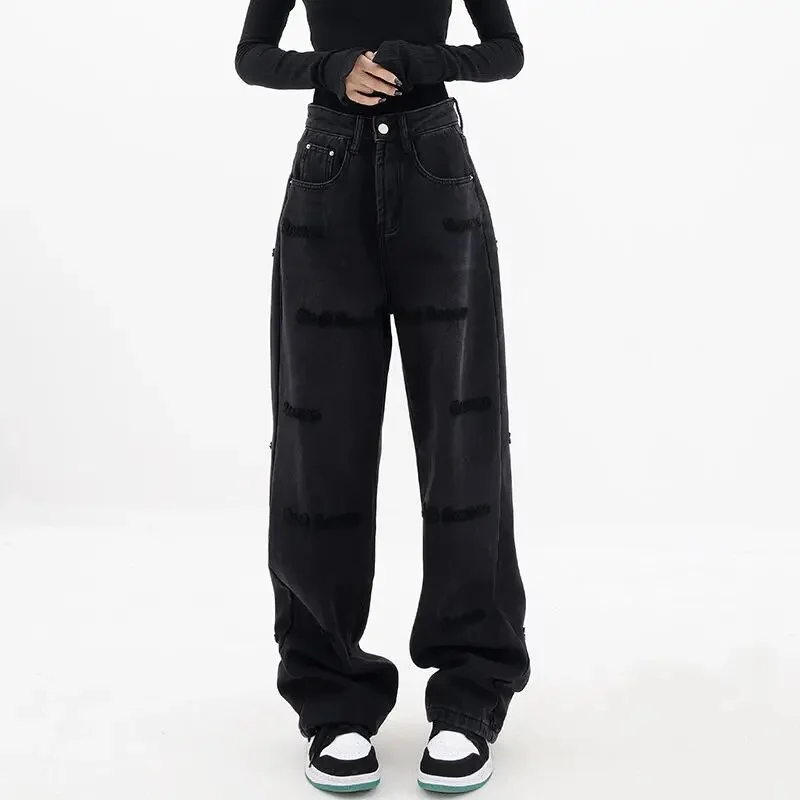 Brownm and autumn plus size women embroidered straight jeans loose slim high waist floor mopping wide leg pants baggy jeans