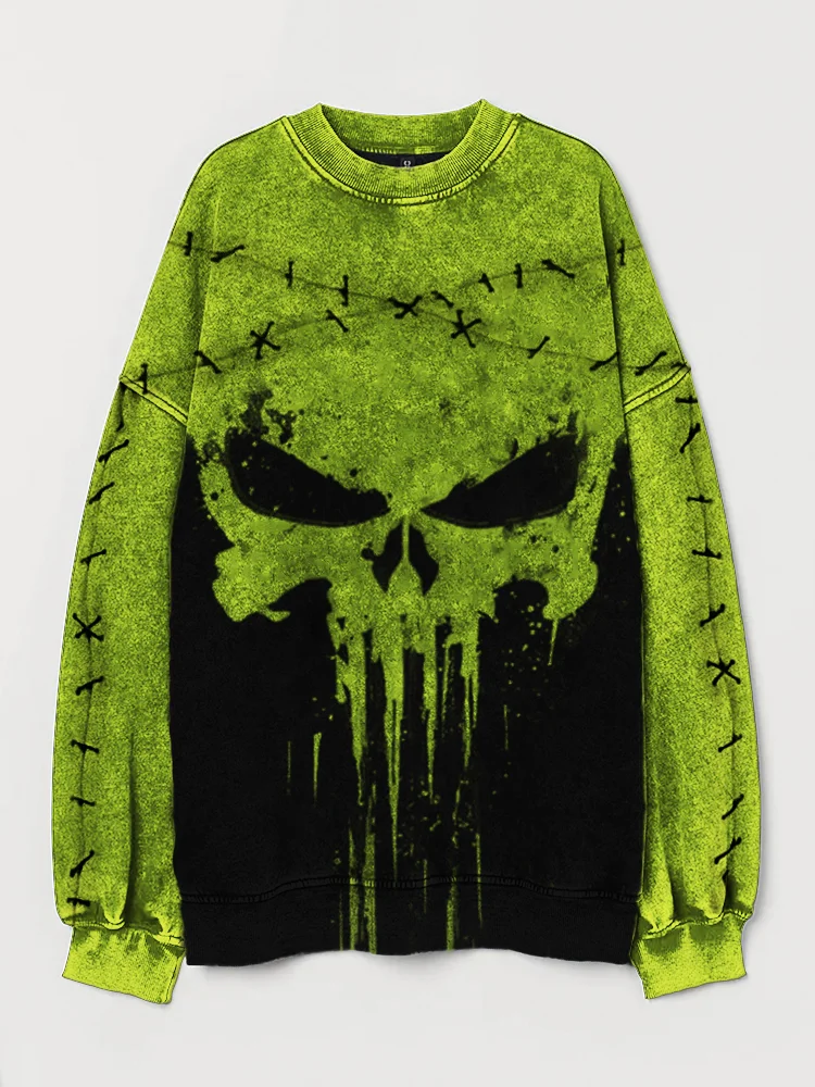 Broswear Stitched Skull Graffiti Contrast Color Washed Sweatshirt