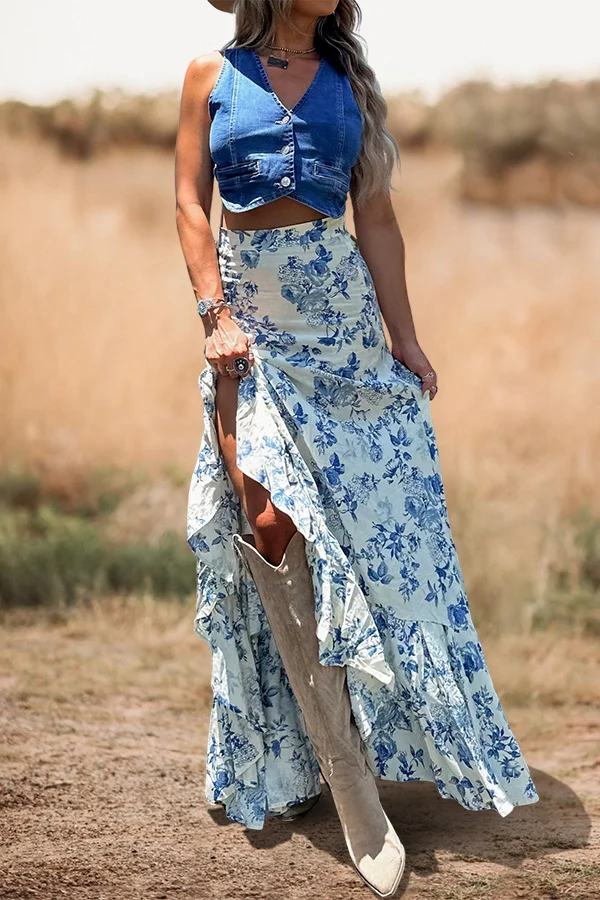 Bannersy Southern Floral Print Ruffled Slit Maxi Skirt
