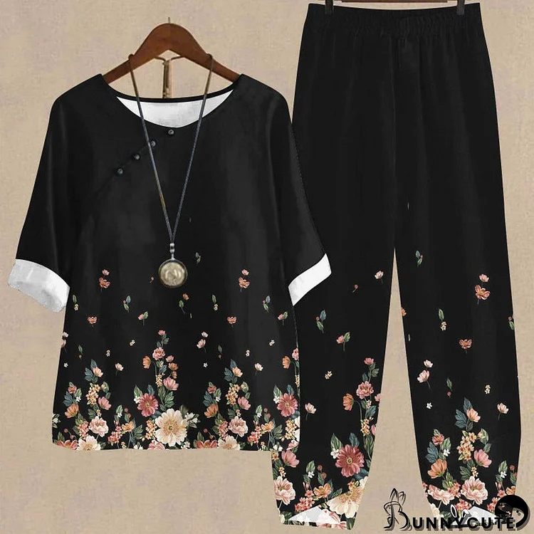 Women's Half Sleeve Scoop Neck Floral Printed Buttons Top & Pockets Design Long Pants Set