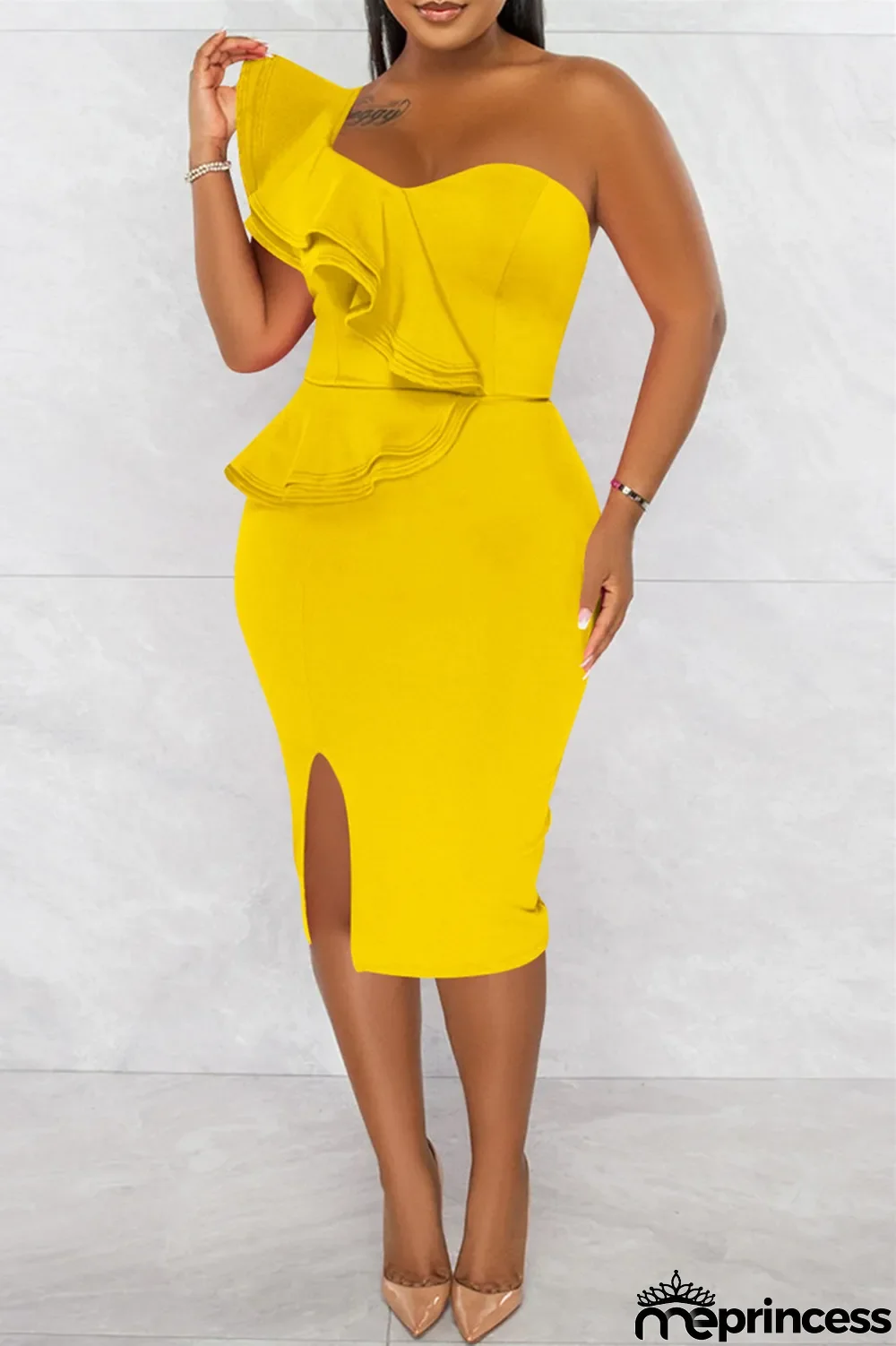 Yellow Fashion Sexy Solid Patchwork Backless Slit One Shoulder Sleeveless Dress