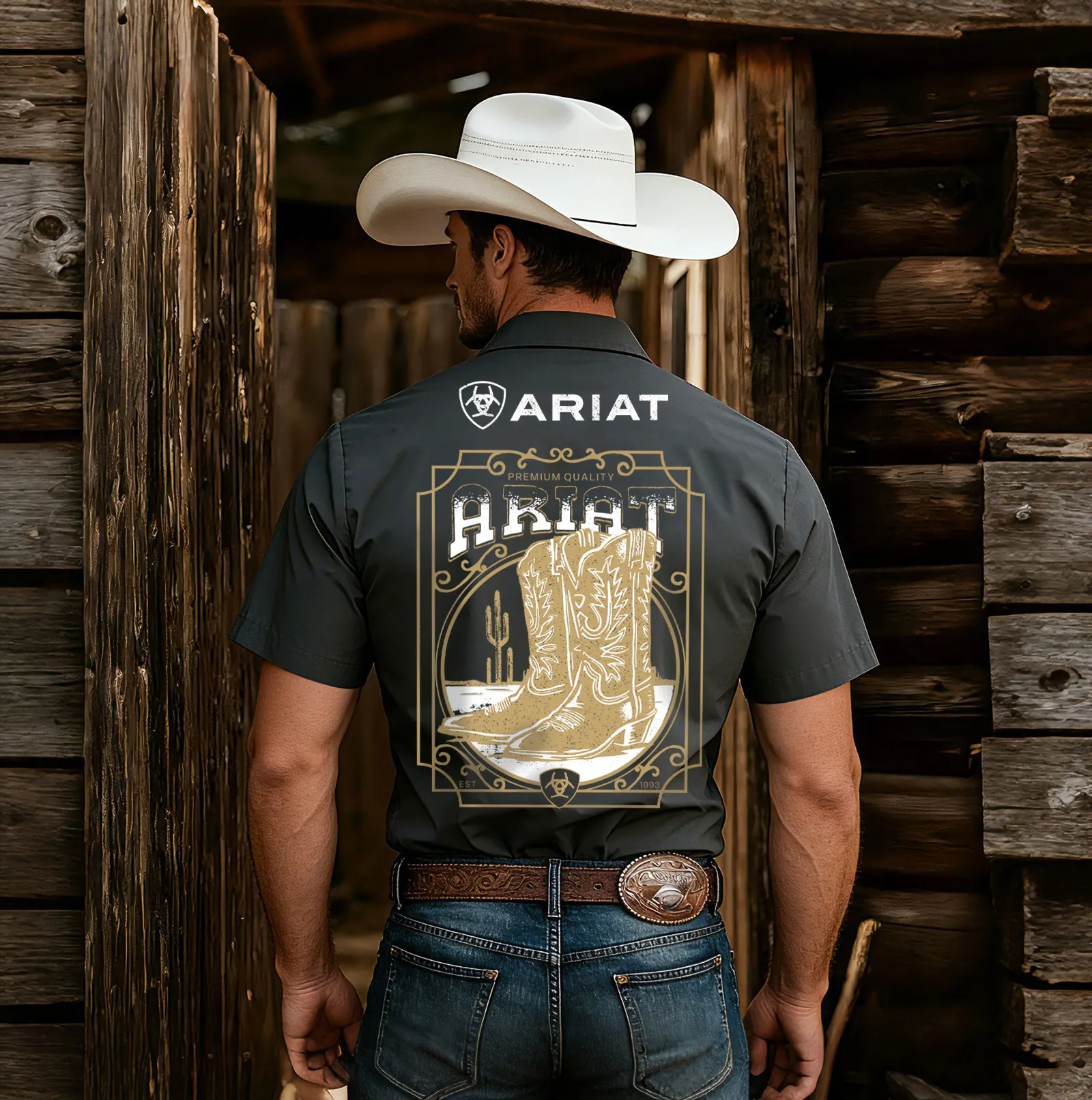 Men's Western-style Button-down Short-sleeved Shirt With Ram Pattern