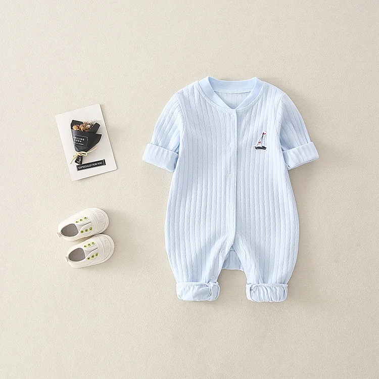 Newborn Baby Boy/Girl Ribbed Sailboat Patch Solid Color Botton Up Long Sleeve Romper