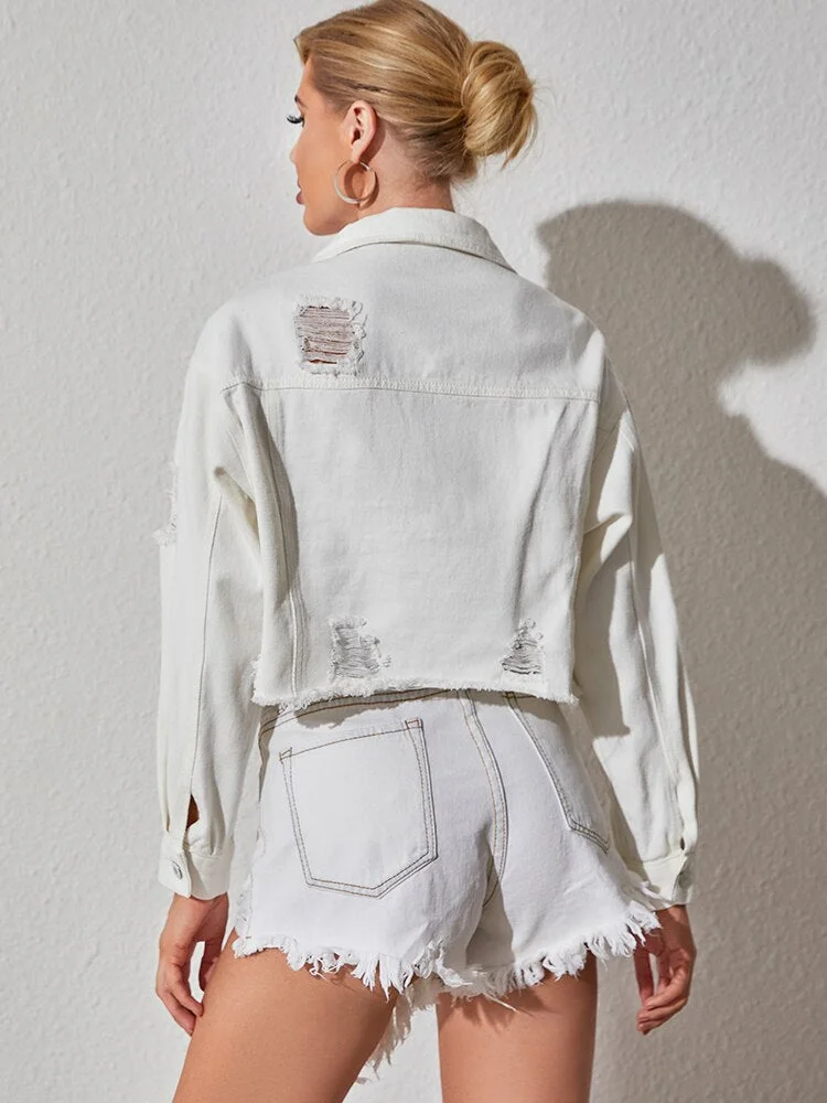 Nncharge New Spring Autumn Women Loose Lapel White Denim Short Jacket Streetwear Female Single Breasted Pocket Coat Outwear Tops