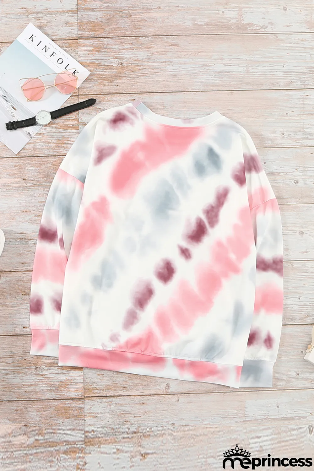 Pink Casual Tie-dye Round Neck Sweatshirt