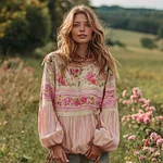 Women's Vintage Pink Rose And Striped Casual Linen Shirt - Image 2