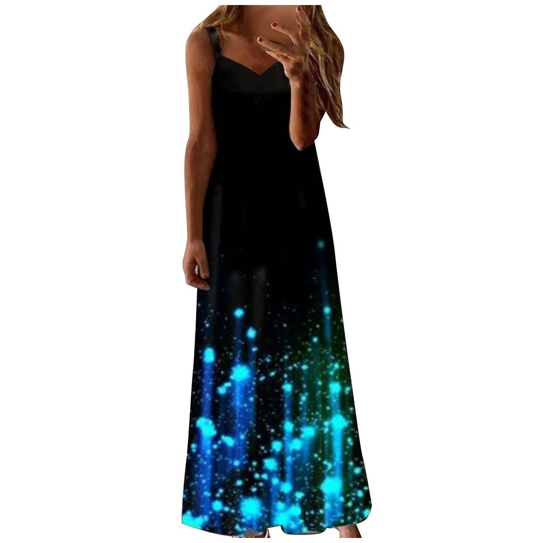 Luminous Print Dresses For Women Party Loose Sleeveless Vest Long Dress Robe Longue Femme Plus Size Maxi Dresses For Women