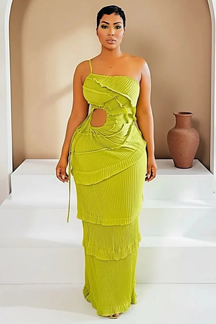 Layered Pleated Waist Cutout Mermaid Vacation Maxi Dresses-Green
