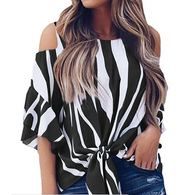 Women's Blouses Round Neck Striped Print Off-Shoulder Ruffle Sleeve Tops