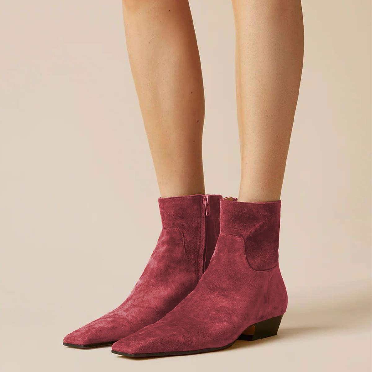 Maroon Square Toe Low-Heeled Ankle Boots for Women with Zipper Nicepairs