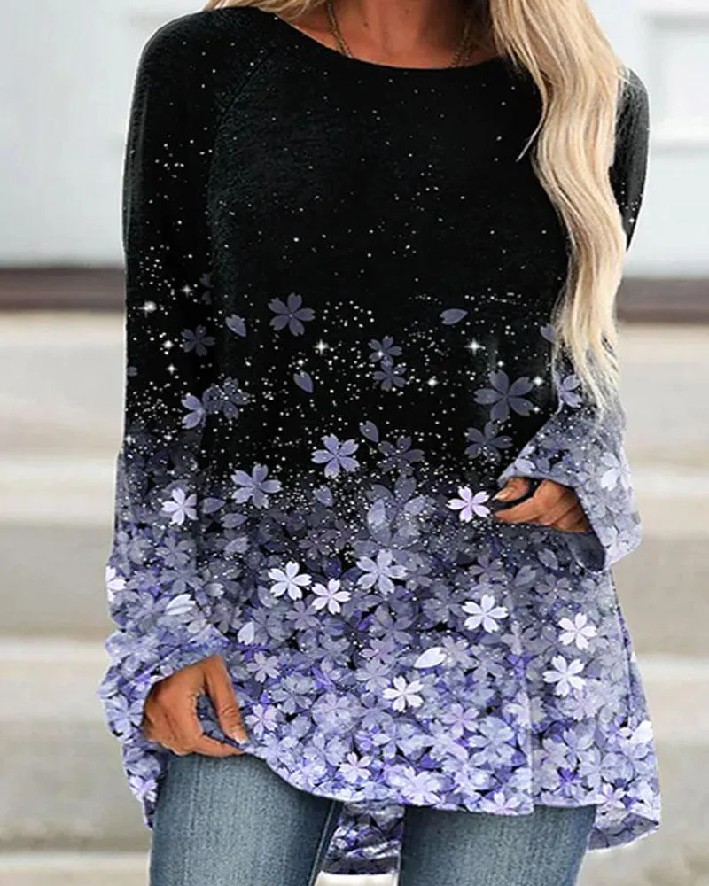 Women's Cherry Blossoms Print Round Neck Long Sleeve Plus Size Top