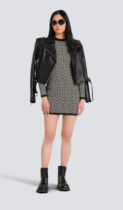 Short bicolor jacquard mini dress with monogram
