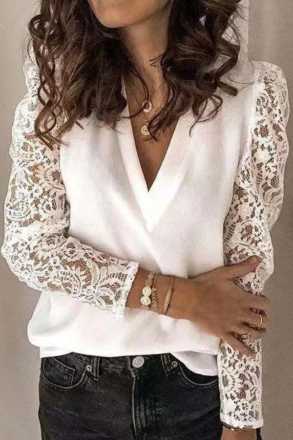 Fashion Stitching Lace Long Sleeve Slim Top