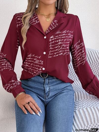 Letter Printed Button Up Long Sleeve Blouse