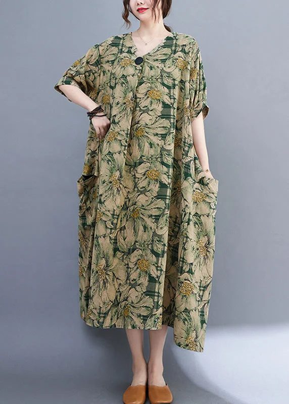 Bohemian Green V Neck Print Wrinkled Holiday Long Dress Summer