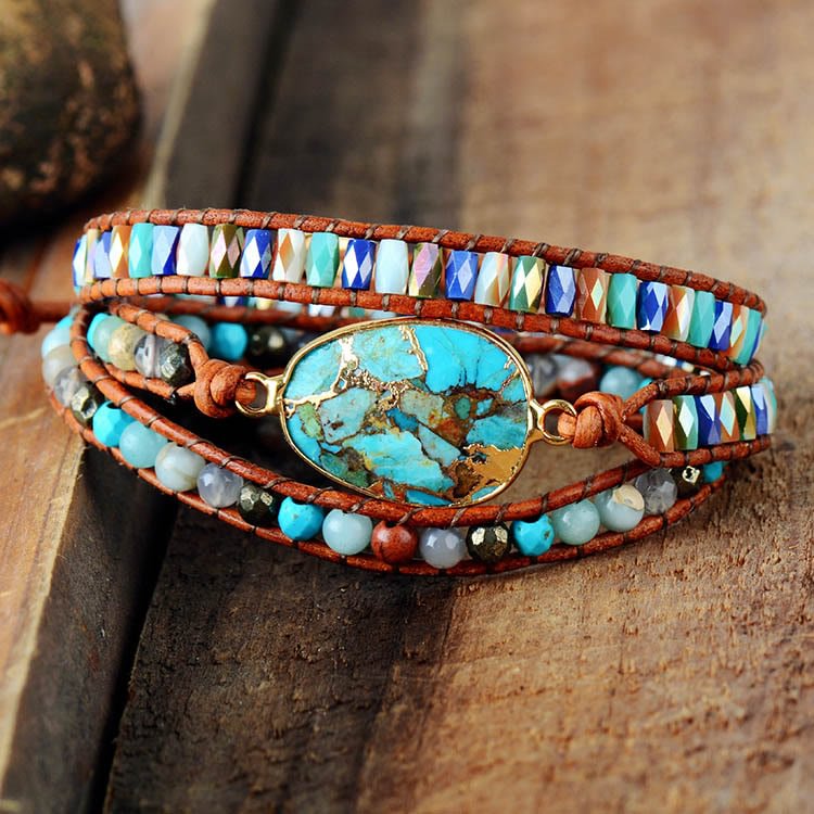 Oval Turquoise Bracelet Crystal Bead Woven Wrap Bracelet