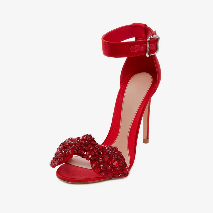 Elegant Red Rhinestone Bow Stiletto Heels Satin Ankle Strap Sandals |FSJ Shoes