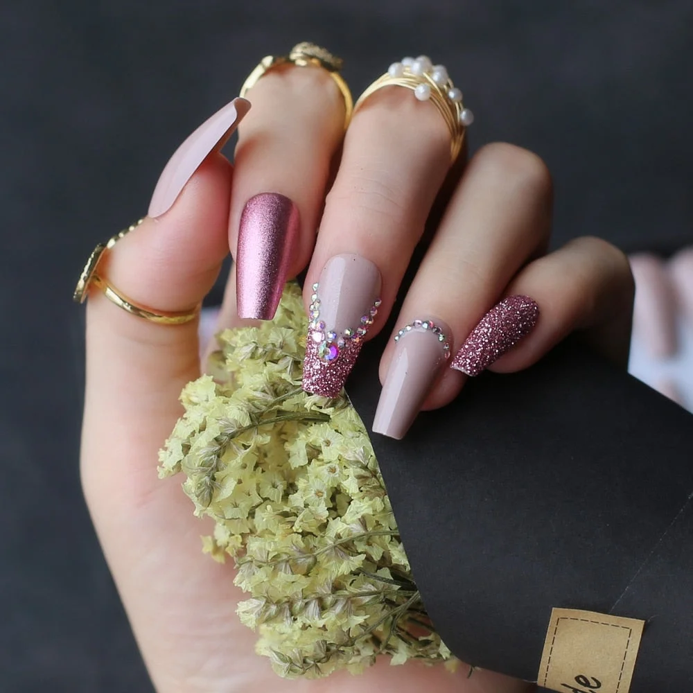 Coffin Fake nails handmade V french glitter nude color gel glossy match metal 3d rhinestones-Nail Inspo