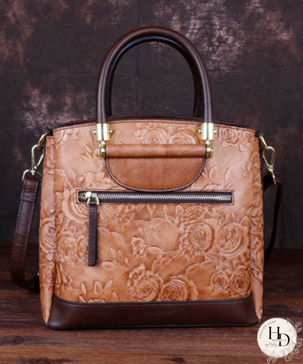 Retro Brown Embossing Paitings Calf Leather Messenger Bag