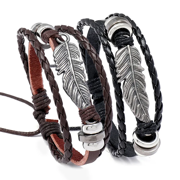 Vintage alloy feather leather bracelet PU braided beaded leather bracelet