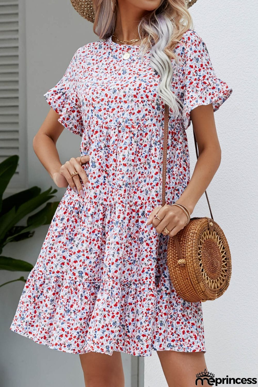 Ditsy Floral Flounce Sleeve Tiered Dress
