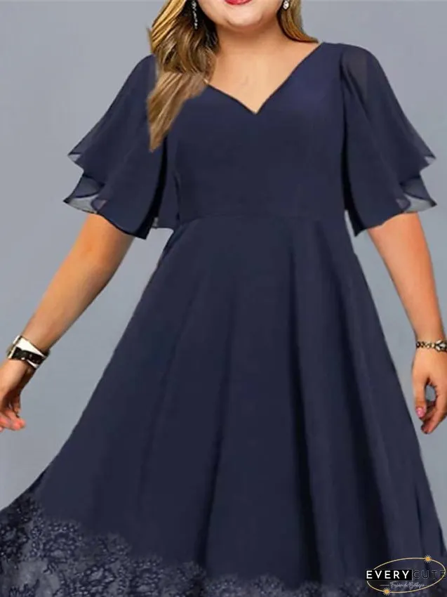 Plus Size Casual Dress Lace Dress Chiffon Dress Solid Color Long Dress Maxi Dress Short Sleeve Lace V Neck Fashion Outdoor Navy Blue Summer Spring L XL XXL 3XL 4XL for Women
