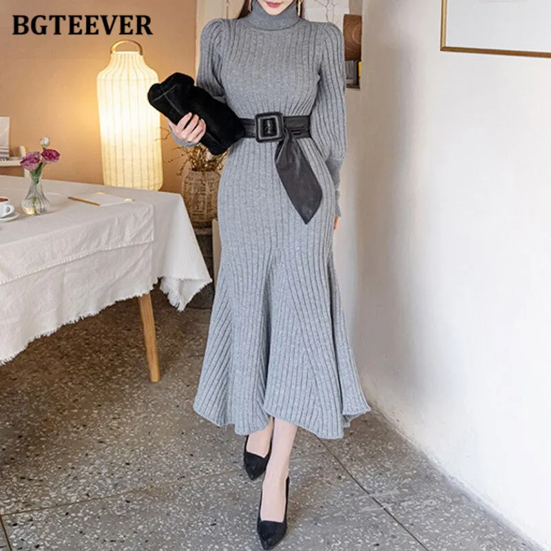 BGTEEVER Autumn Winter Turtleneck Women Knitted Dress 2020 Elegant Thick Full Sleeve Slim Mermaid Vestidos Femme