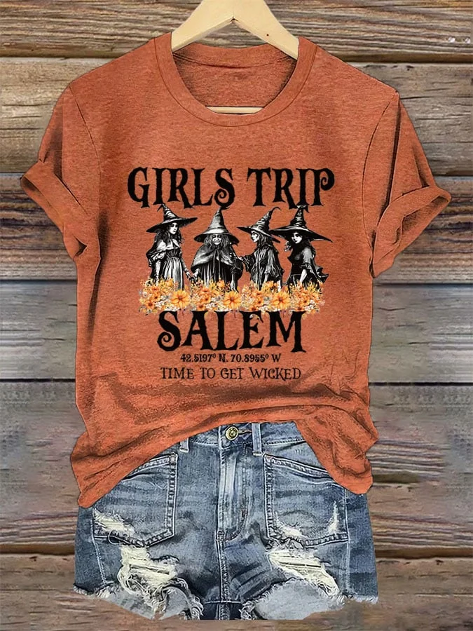 Women's Girl's Trip Salem Time To Get Wicked Halloween Printed T-Shirt
