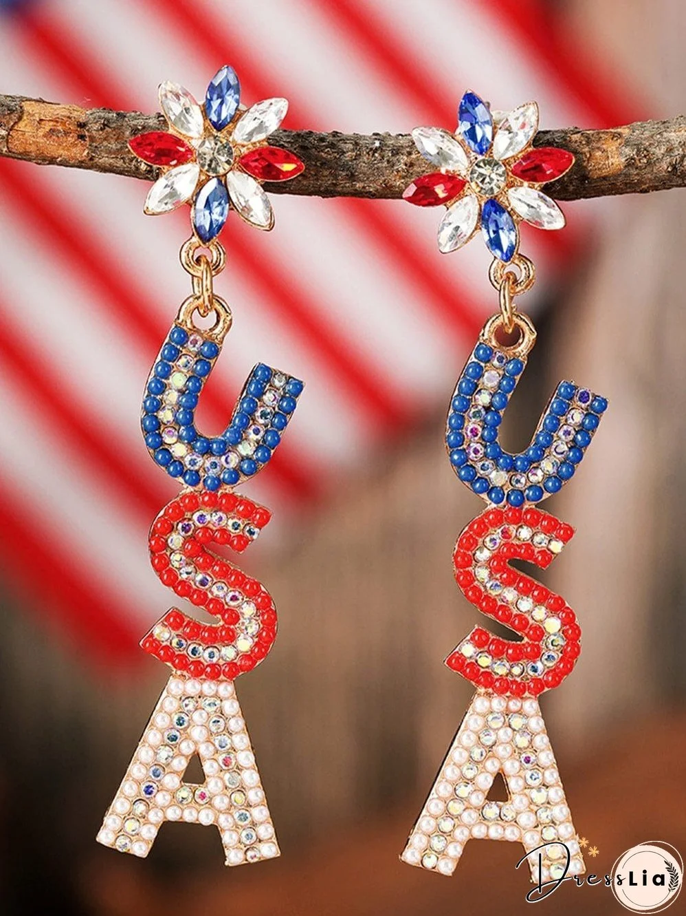 USA Letter Beaded Rhinestone Colorblock Earrings