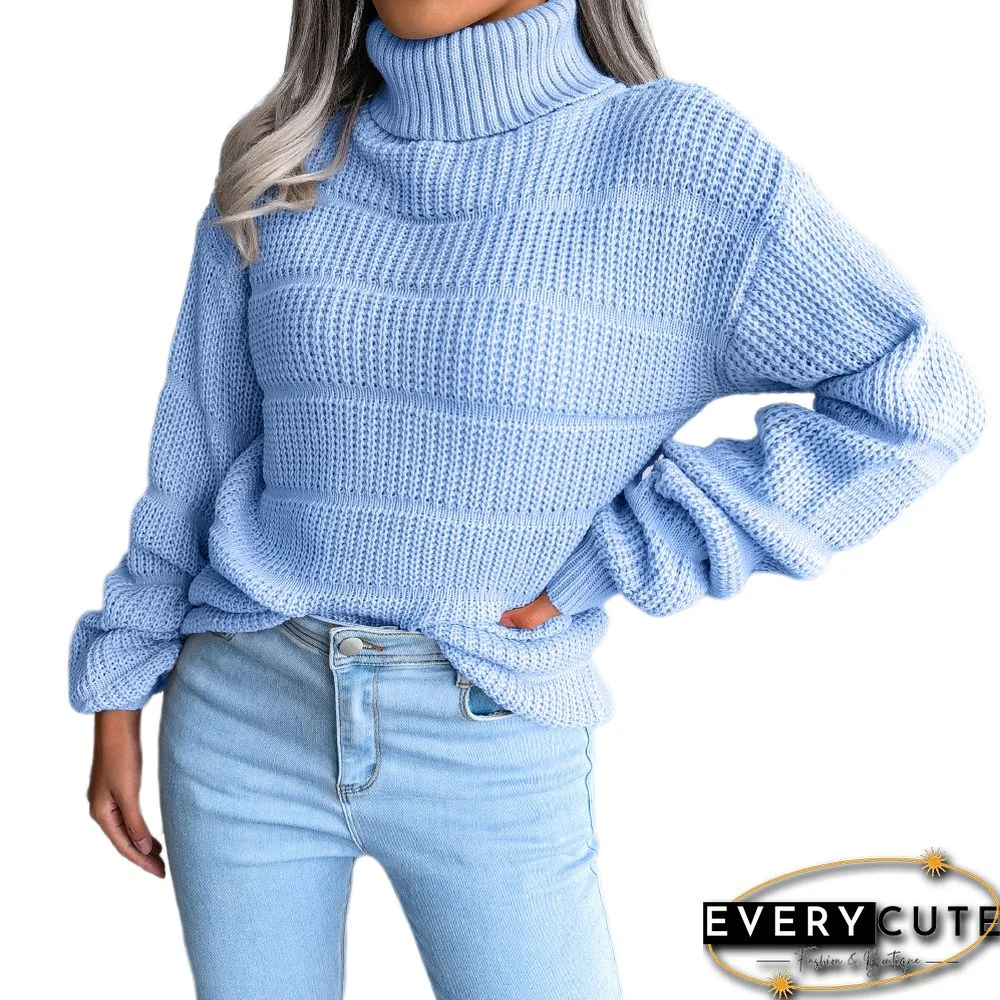 Blue High Collar Long Sleeve Knit Sweater