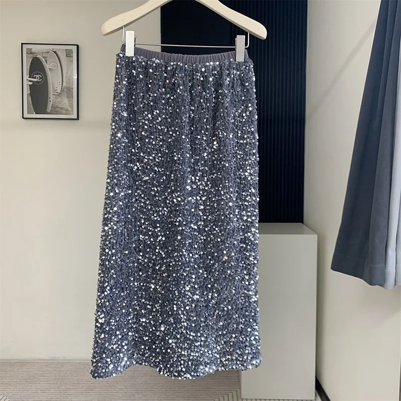 Cartoonh Autumn Black Chicly Sequin Simple Female Skirts High Waist Office Ladies Solid Color Casual Fashion A-line Women Skirts