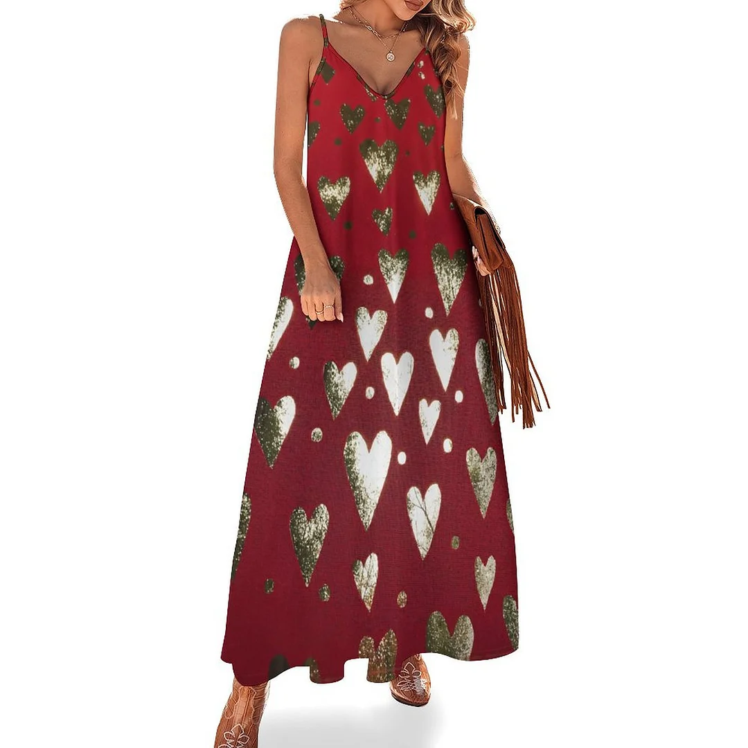 Style & Comfort for Mature Women Plus Size Printed Sling Casual Women Maxi Dress in Pattern Heart, Love, Valentine's Day