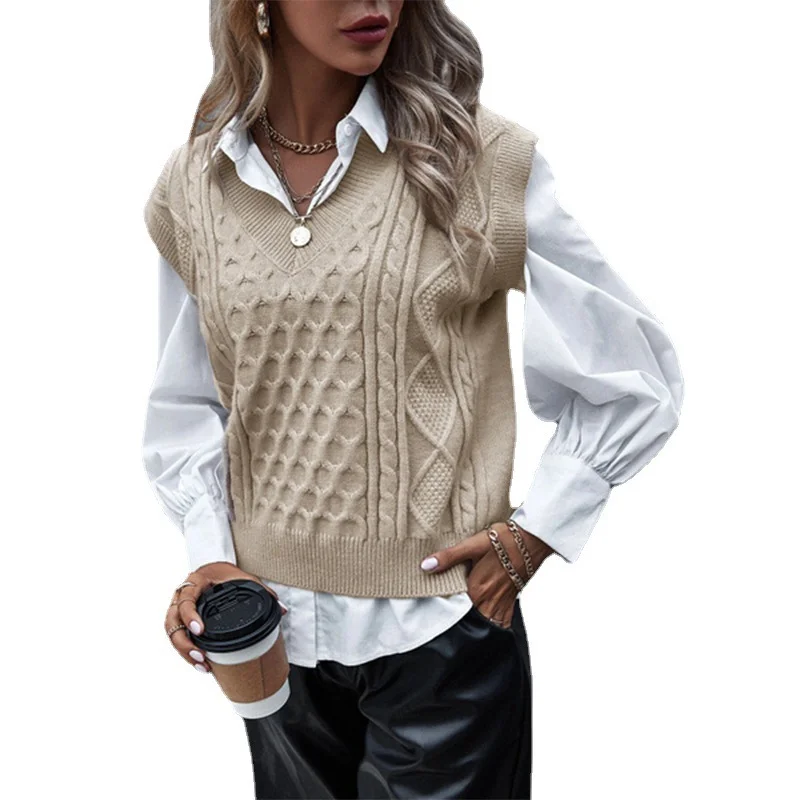 Brownm Brownm Lady Fashion Knit Vest New Autumn And Winter Vest Sleeveless Twisted Flower V-Neck Top