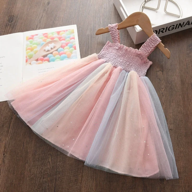 Bear Leader New Kids Dresses for Girls Sleeveless Dress Sequined Party Costume Mesh Summer Puffy Dress Rainbow Children Clothing